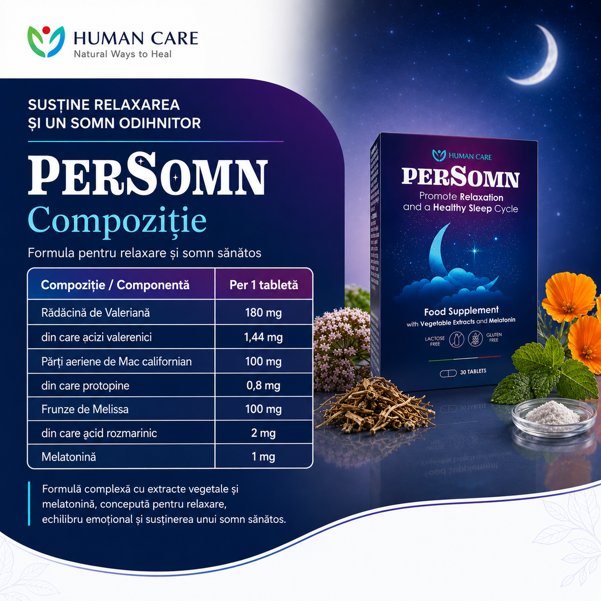 Supliment Alimentar PerSomn, Valeriana &amp; Melatonina 1 mg pentru Insomnii si Somn Linistit