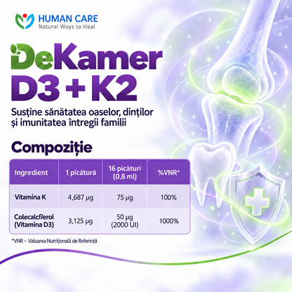 Supliment alimentar DeKamer Picaturi D3 2000 IU + K2 75 mcg, pentru Sanatatea Oaselor si Imunitate, Copii cu varsta de 1 luna