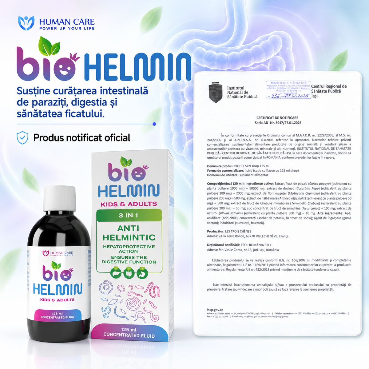 Supliment Alimentar BioHelmin, Extract din 7 Plante, 125ml, Contribuie la Mentinerea Echilibrului Florei Intestinale
