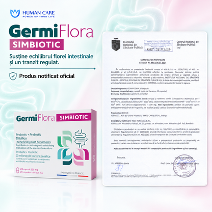 Supliment Alimentar Prebiotic + Probiotic GermiFlora Adulti, 10 Miliarde CFU, Sustine Echilibrul Florei Intestinale după Antibiotice