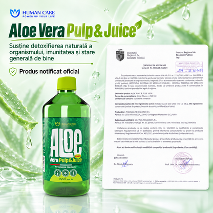 Supliment Alimentar Aloe Vera Suc Natural 100% cu Pulpa, potrivit pentru Detox, Digestie si Imunitate