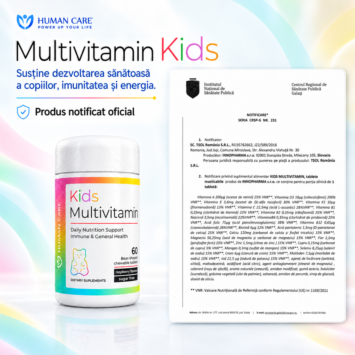Supliment Alimentar Multivitamin Kids, Vitamine si Minerale pentru Copii, Sustine Imunitatea, Concentrarea si Cresterea Sanatoasa