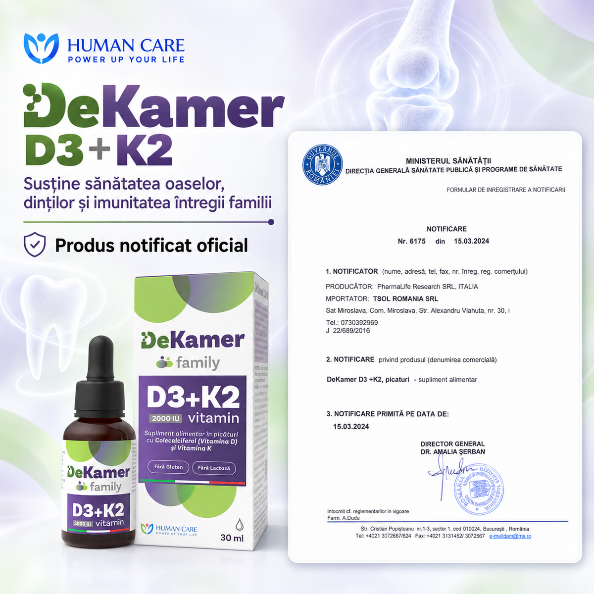 Supliment alimentar DeKamer Picaturi D3 2000 IU + K2 75 mcg, pentru Sanatatea Oaselor si Imunitate, Copii cu varsta de 1 luna