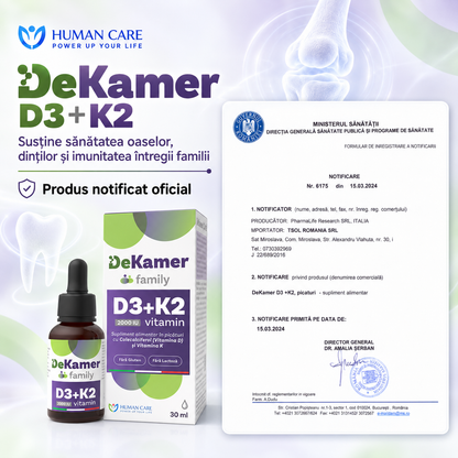 Supliment alimentar DeKamer Picaturi D3 2000 IU + K2 75 mcg, pentru Sanatatea Oaselor si Imunitate, Copii cu varsta de 1 luna