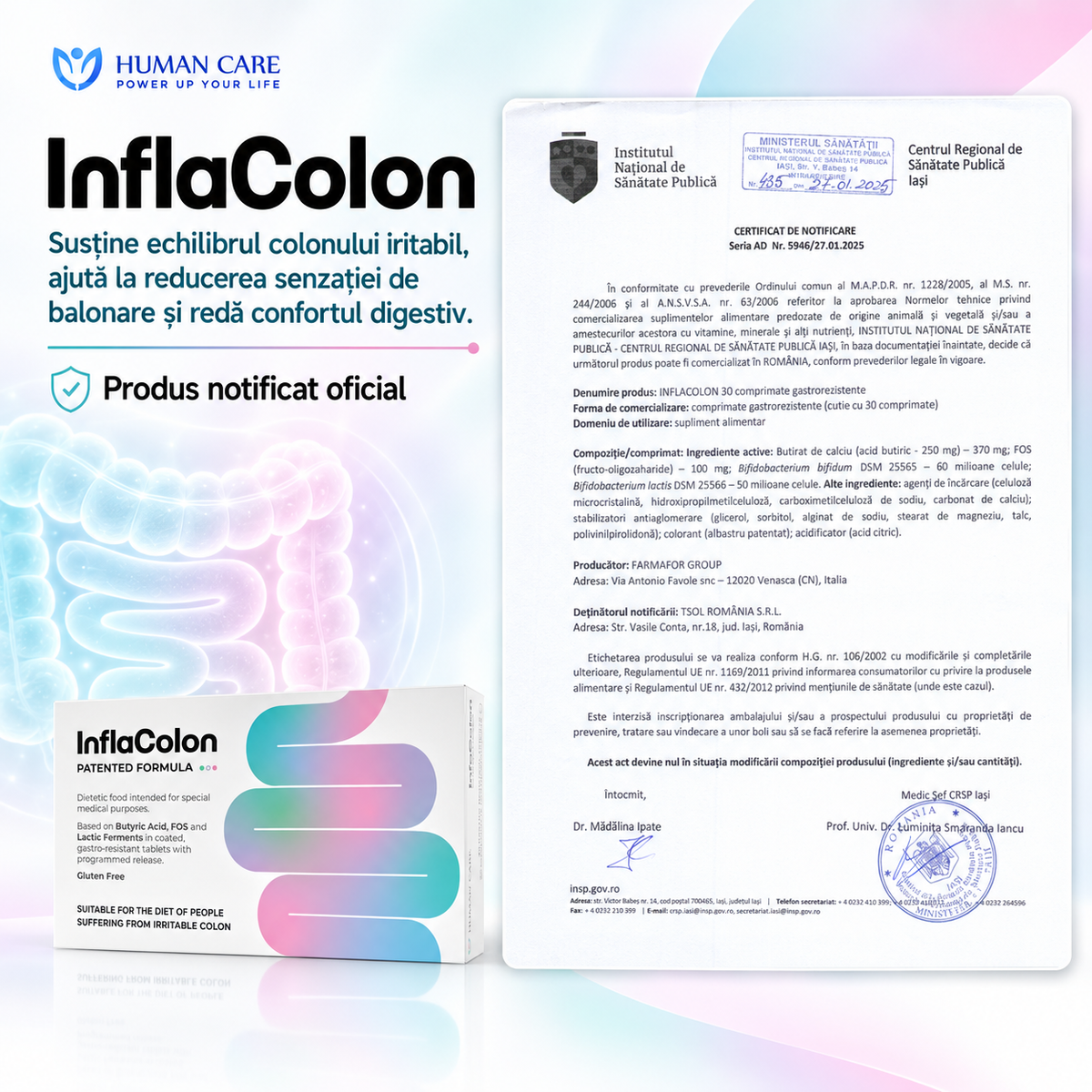 Supliment Alimentar InflaColon, Butirat de Calciu 370 mg, pentru Colon Iritabil