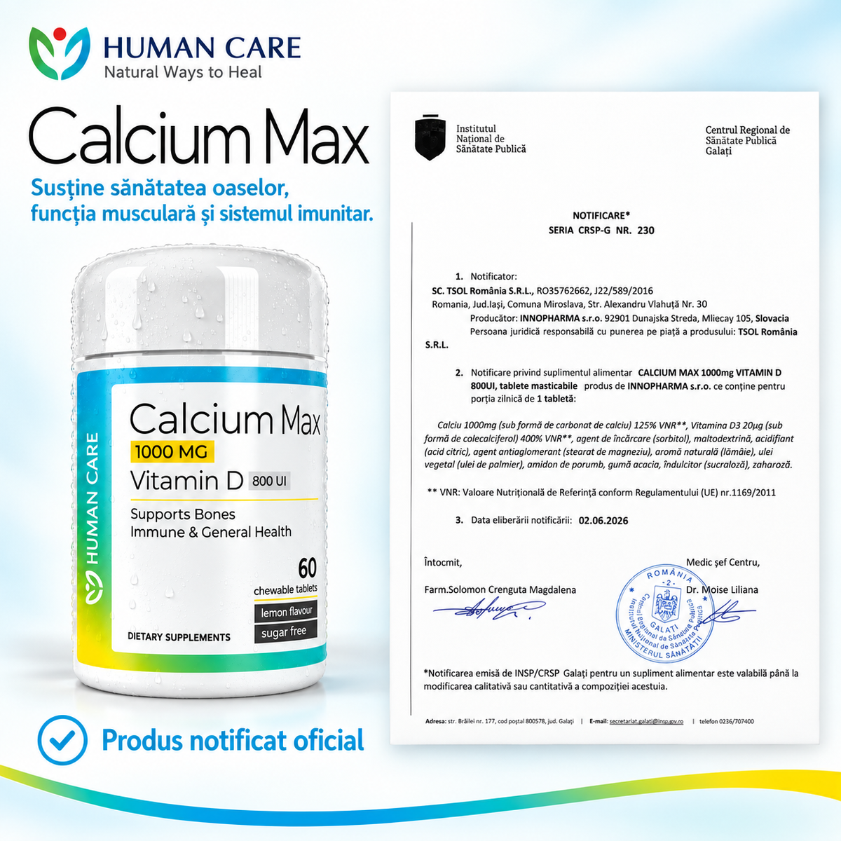 CALCIUM MAX Calciu 1000 mg + Vitamina D3 800 UI, 60 comprimate masticabile