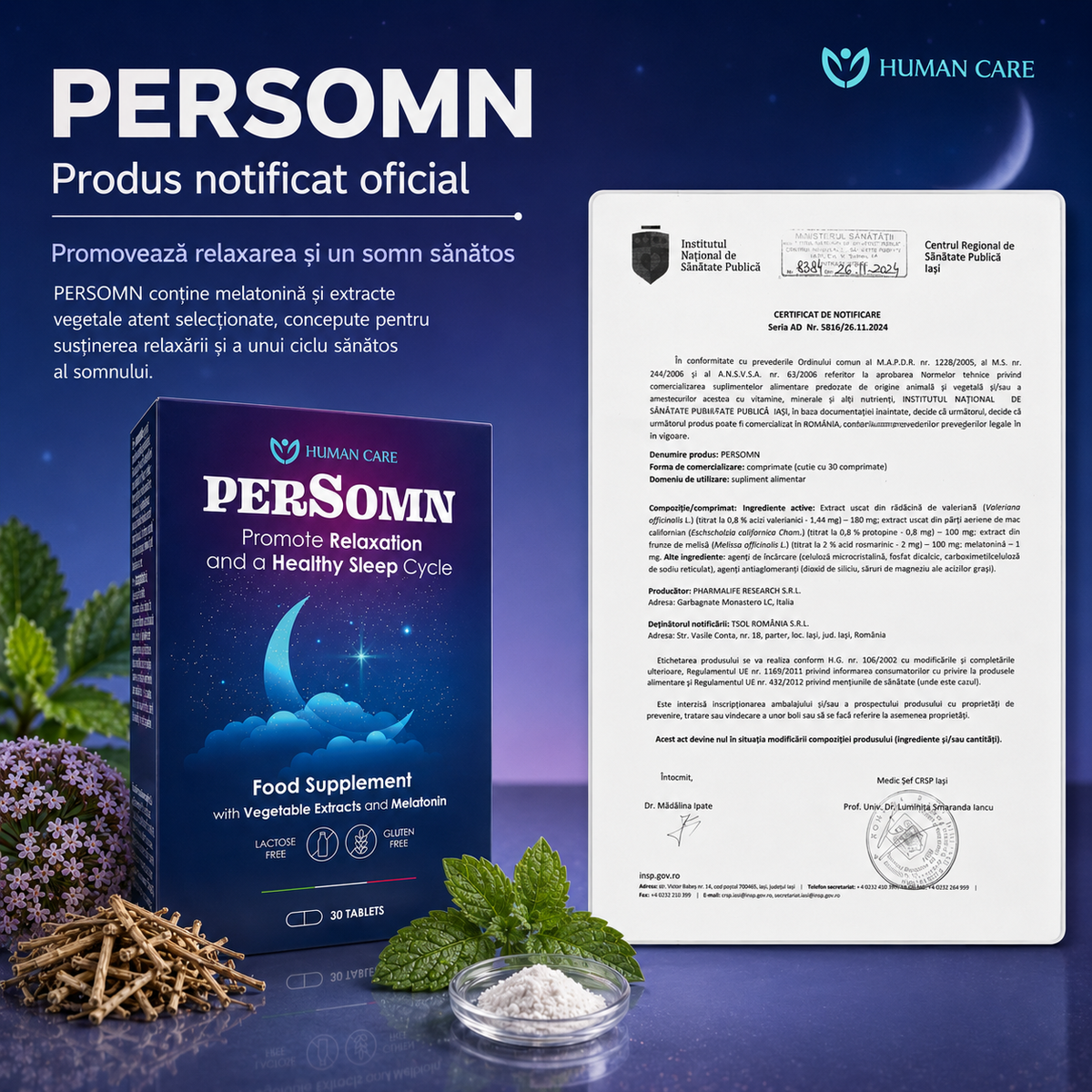 Supliment Alimentar PerSomn, Valeriana &amp; Melatonina 1 mg pentru Insomnii si Somn Linistit