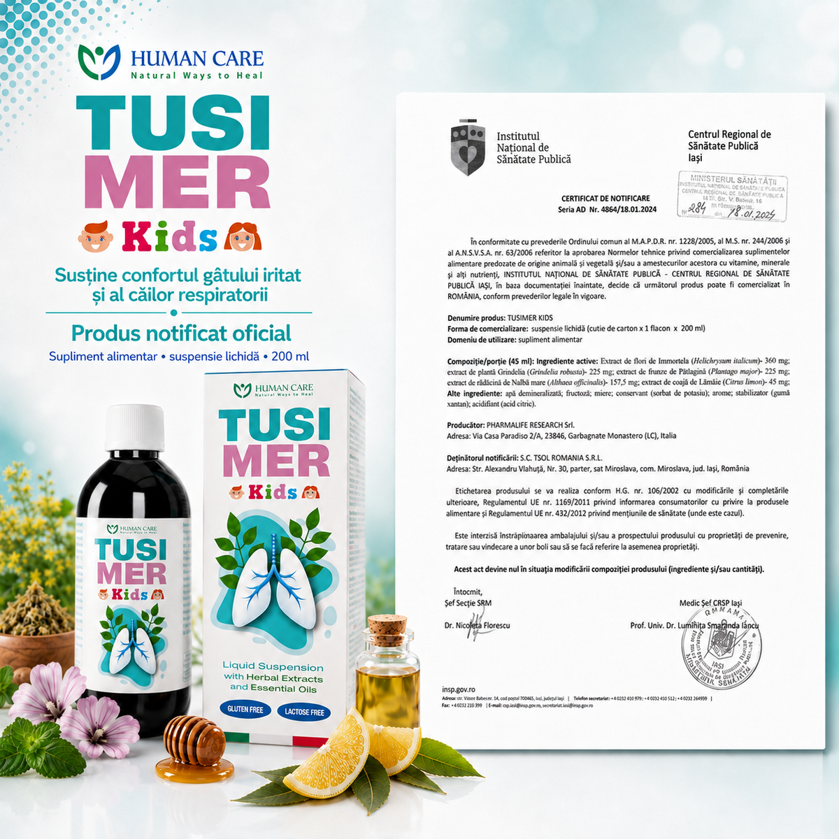 Supliment Alimentar Tusimer Kids Human Care, sirop tuse copii pentru confortul gâtului și susținerea căilor respiratorii, 200 ml sirop miere, extracte de Pătlagină, Nalbă mare, Grindelia și Imortelă