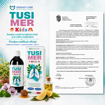 Supliment Alimentar Tusimer Kids Human Care, sirop tuse copii pentru confortul gâtului și susținerea căilor respiratorii, 200 ml sirop miere, extracte de Pătlagină, Nalbă mare, Grindelia și Imortelă