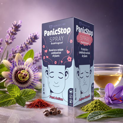 Supliment Alimentar Panic Stop Spray Sublingual, 230 doze, 30ml, Human Care, pentru Calm, Relaxare si Echilibru emotional