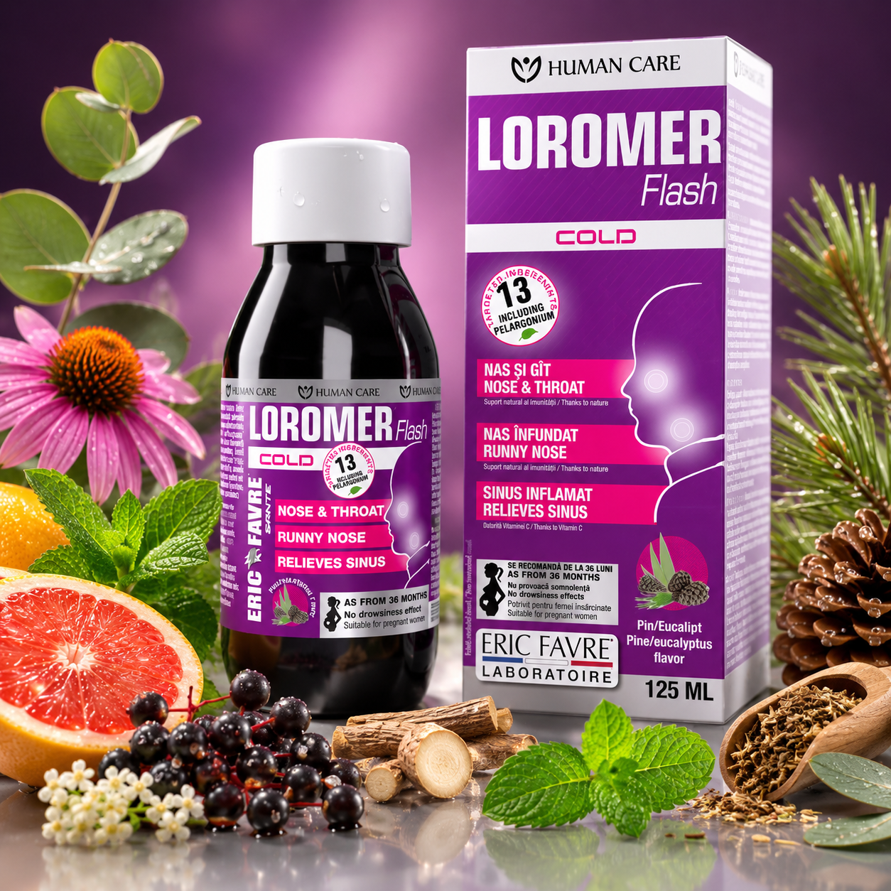 Supliment Alimentar Sirop Loromer, 13 Extract Vegetale, 125ml, Human Care, pentru Nas Infundat, Sinuzita, Congestie Nazala