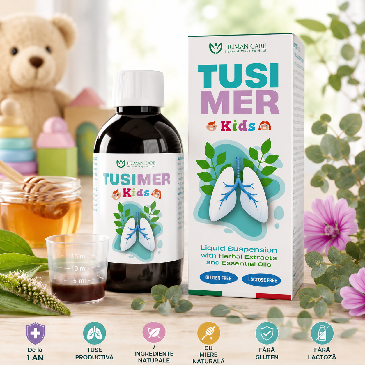 Supliment Alimentar Sirop Tusimer Copii, 7 Extracte Vegetale, 200ml, Human Care, pentru Tuse la Copii de la de la 1 an