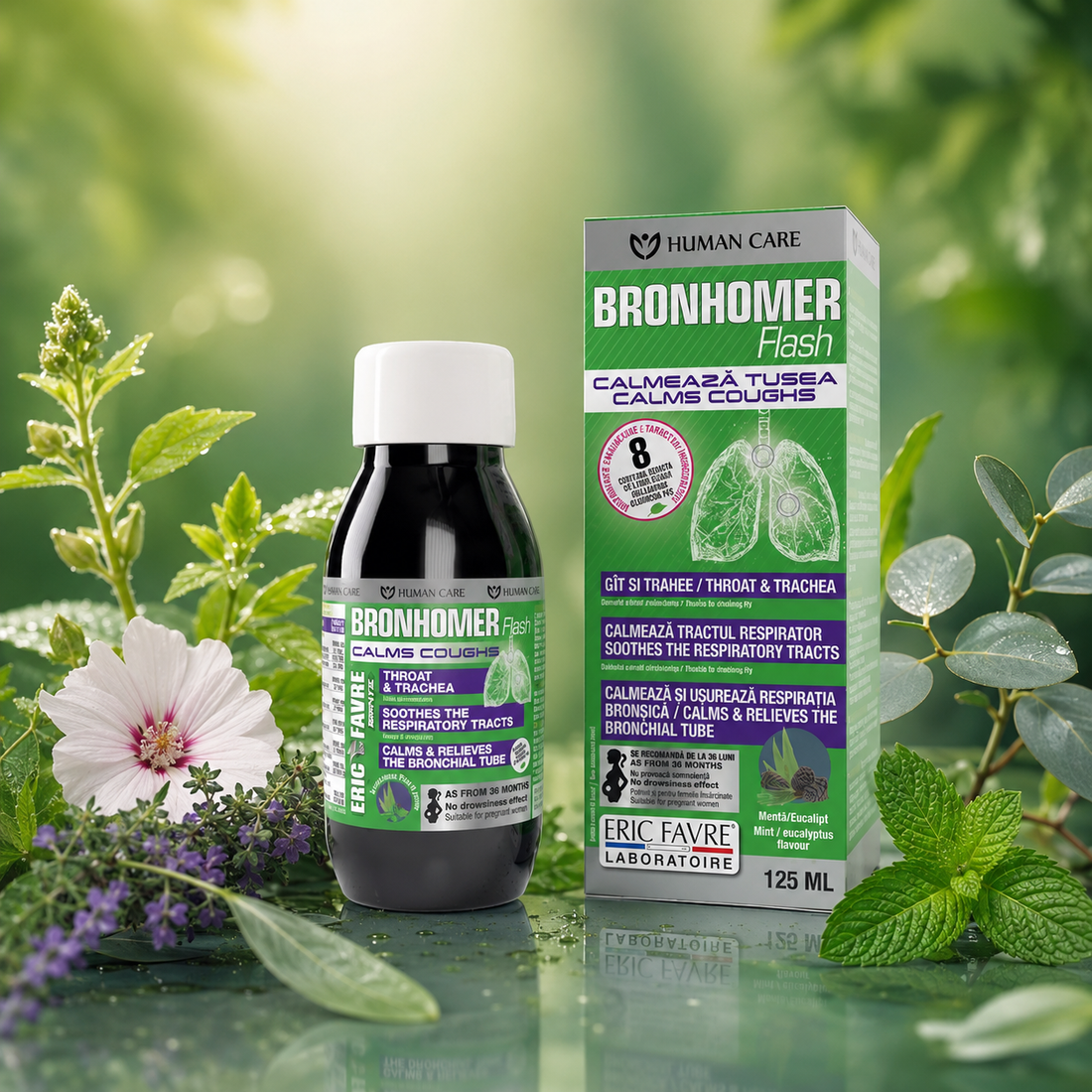 Supliment Alimentar Bronhomer, 8 Extracte Vegetale, 125ml, Human Care, pentru Gat Iritat, Senzatie de Disconfort la Nivelul Gatului