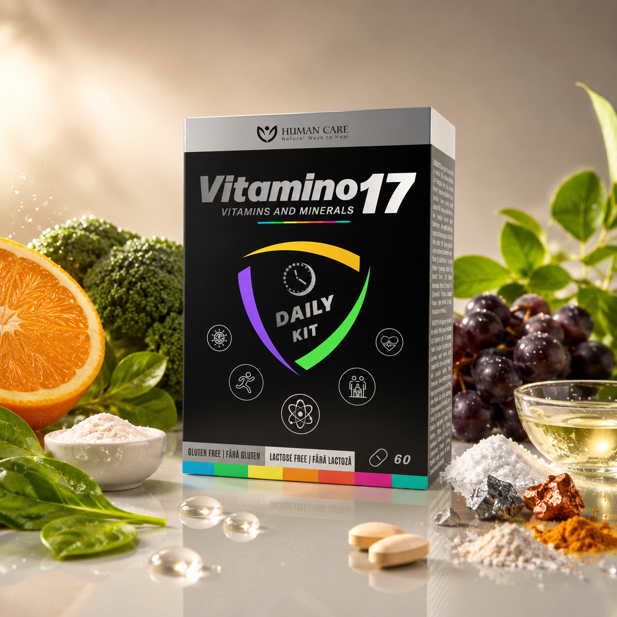 Supliment Alimentar Vitamino17, Complex 17 Vitamine si Minerale, 60 comprimate, Human Care, pentru Energie, Imunitate si Oase