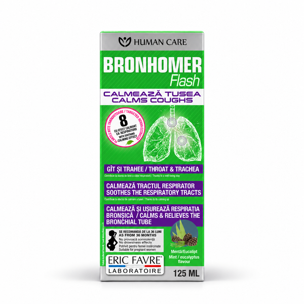 BRONHOMER 125 ml — doar cutia, vedere frontală pe fundal alb
