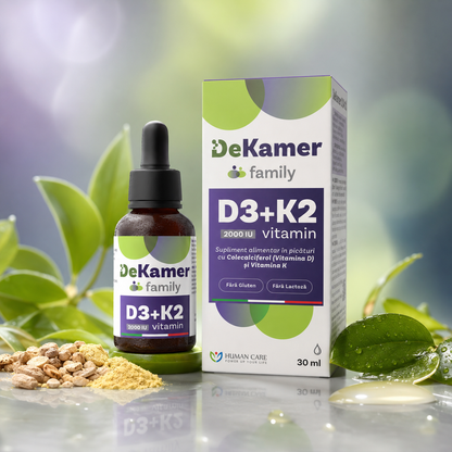 Supliment alimentar DeKamer D3 2000 IU + K2 75 mcg, 30ml, Human Care, pentru sanatatea oaselor si imunitate, de la varsta de 1 luna