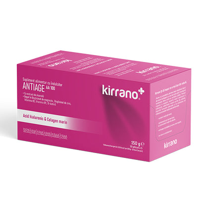 Supliment alimentar: KIRRANO ANTIAGE AA100 cu acid hialuronic+acerola, pentru managementul vârstei