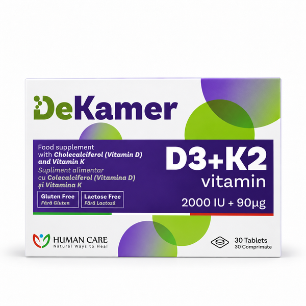 DEKAMER Vitamina D3 2000 UI + Vitamina K2 90 µg, 30 comprimate — vedere frontală pe fundal alb
