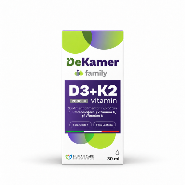 DEKAMER Vitamina D3 2000 UI + Vitamina K2 75 µg, 30 ml — vedere frontală pe fundal alb