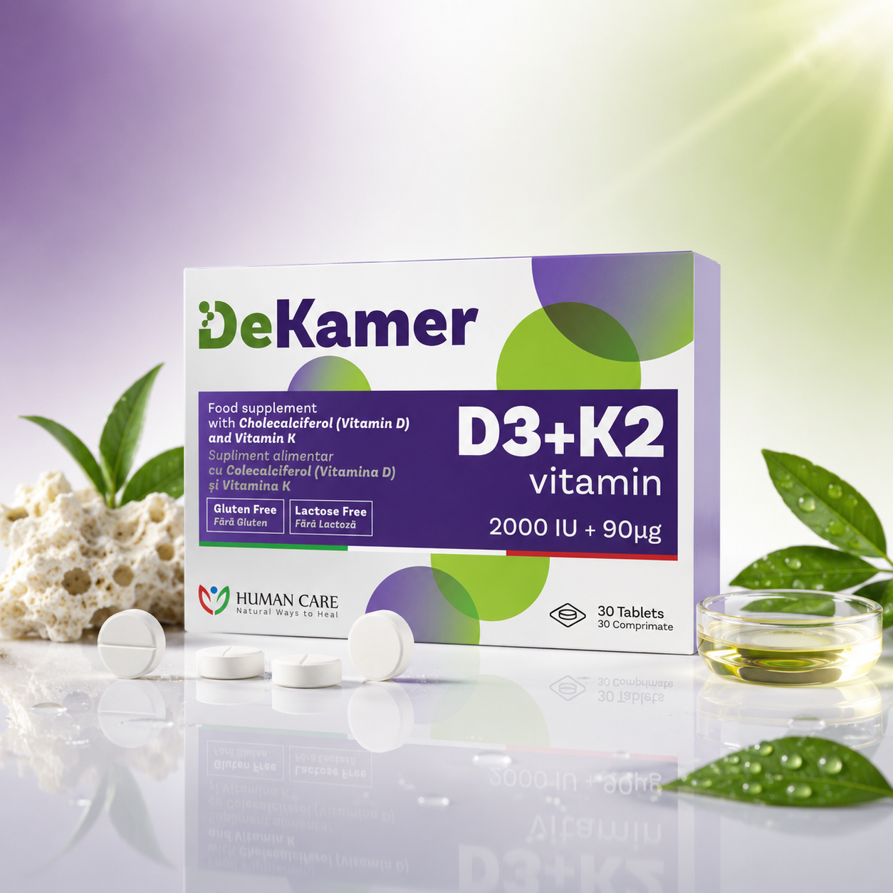 Supliment alimentar DeKamer Comprimate D3 2000 IU + K2 90 mcg, pentru Sanatatea Oaselor si Imunitate