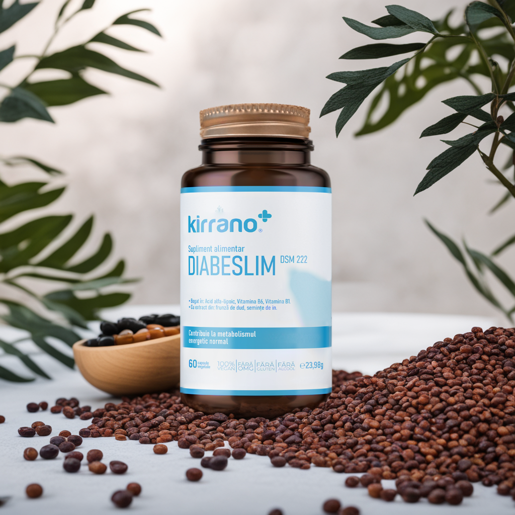 Supliment alimentar DIABESLIM, Kirrano, 60 capsule vegetale cu Acid Alfa-Lipoic și extract de Dud, pentru accelerarea metabolismului glucidic și energie