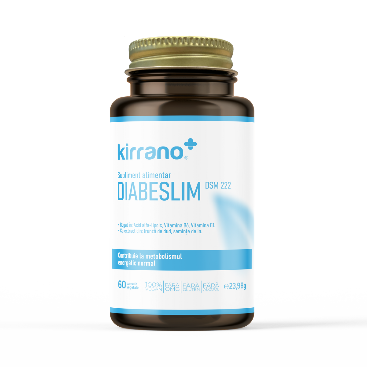 Supliment alimentar DIABESLIM, Kirrano, 60 capsule vegetale cu Acid Alfa-Lipoic și extract de Dud, pentru accelerarea metabolismului glucidic și energie
