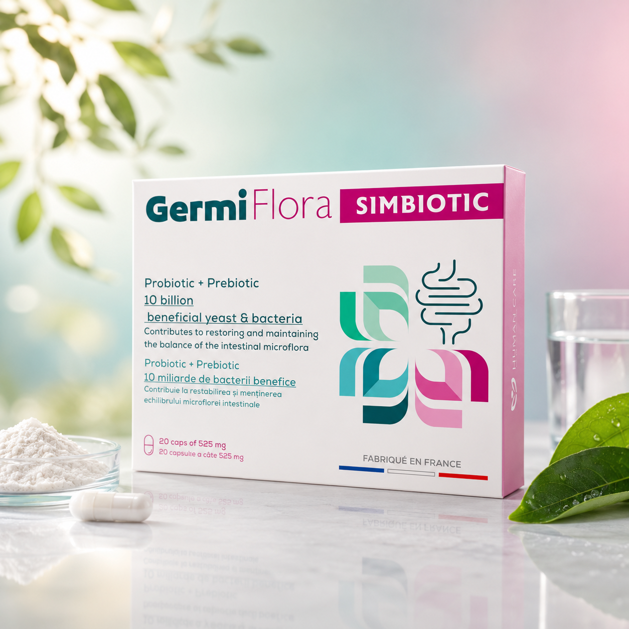 Supliment Alimentar Prebiotic + Probiotic GermiFlora Adulti, 10 Miliarde CFU, Sustine Echilibrul Florei Intestinale după Antibiotice