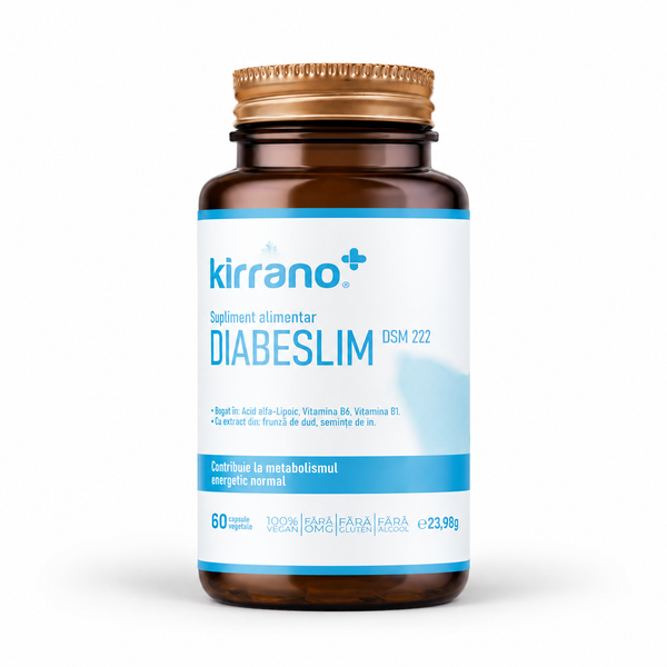 Supliment alimentar DIABESLIM, Kirrano, 60 capsule vegetale cu Acid Alfa-Lipoic și extract de Dud, pentru accelerarea metabolismului glucidic și energie – fundal alb