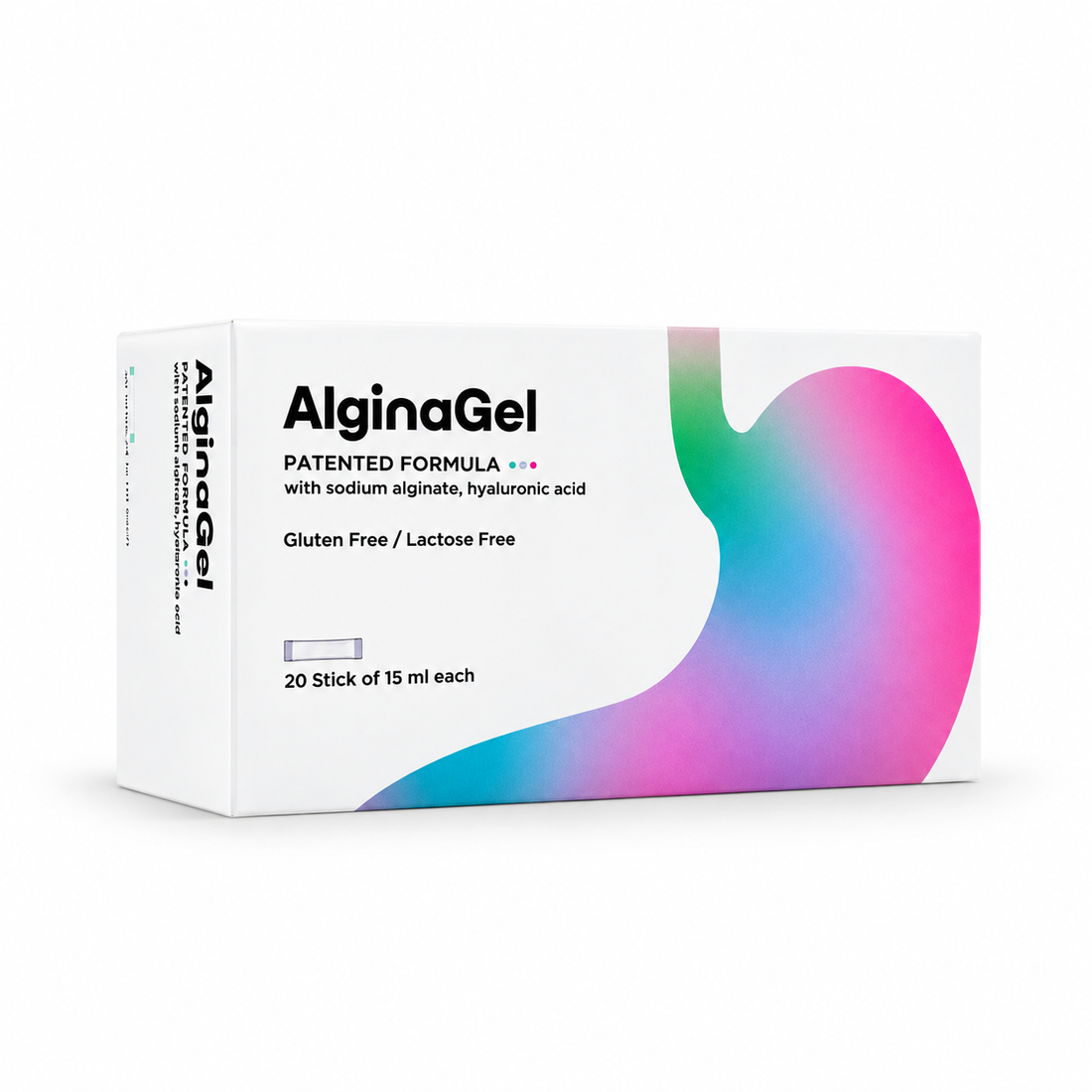Supliment Alimentar AlginaGel, Alginat de Sodiu 375 mg, Reflux Gastroesofagian, Aciditate Gastrica, Protectie Esofagiana, Bariera Anti-Acid, Mucoasa Gastrica – fundal alb