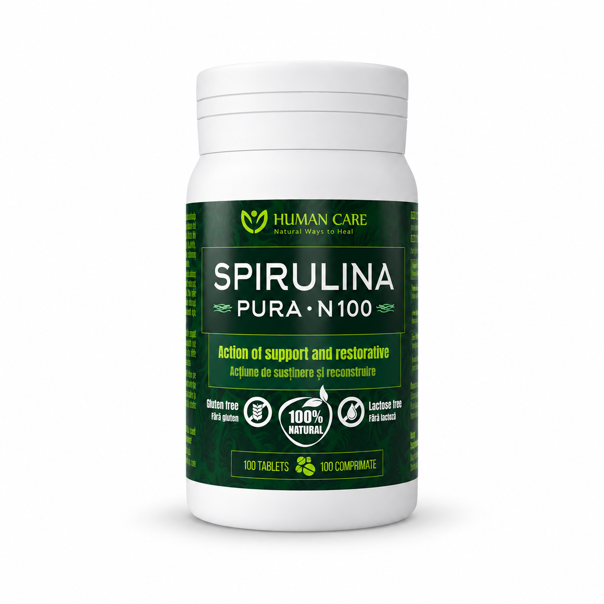 Supliment Alimentar Spirulina Pura (Algă), 400mg, Imbunatateste Sanatatea Intestinului si a Sistemului Digestiv – fundal alb