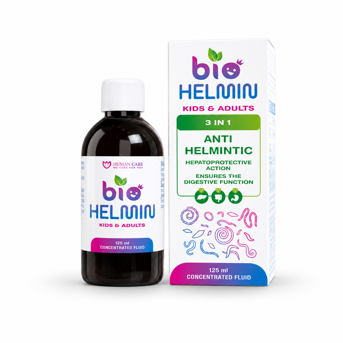 Supliment Alimentar BioHelmin, Extract din 7 Plante, 125ml, Contribuie la Mentinerea Echilibrului Florei Intestinale – fundal alb