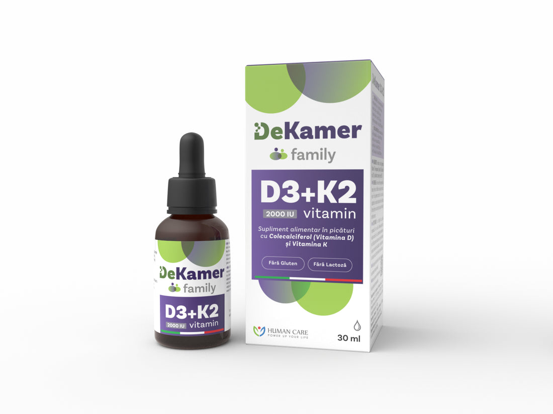 Supliment alimentar DeKamer D3 2000 IU + K2 75 mcg, 30ml, Human Care, pentru sanatatea oaselor si imunitate, de la varsta de 1 luna