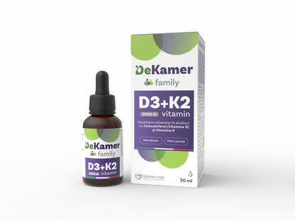 Supliment alimentar DeKamer D3 2000 IU + K2 75 mcg, 30ml, Human Care, pentru sanatatea oaselor si imunitate, de la varsta de 1 luna