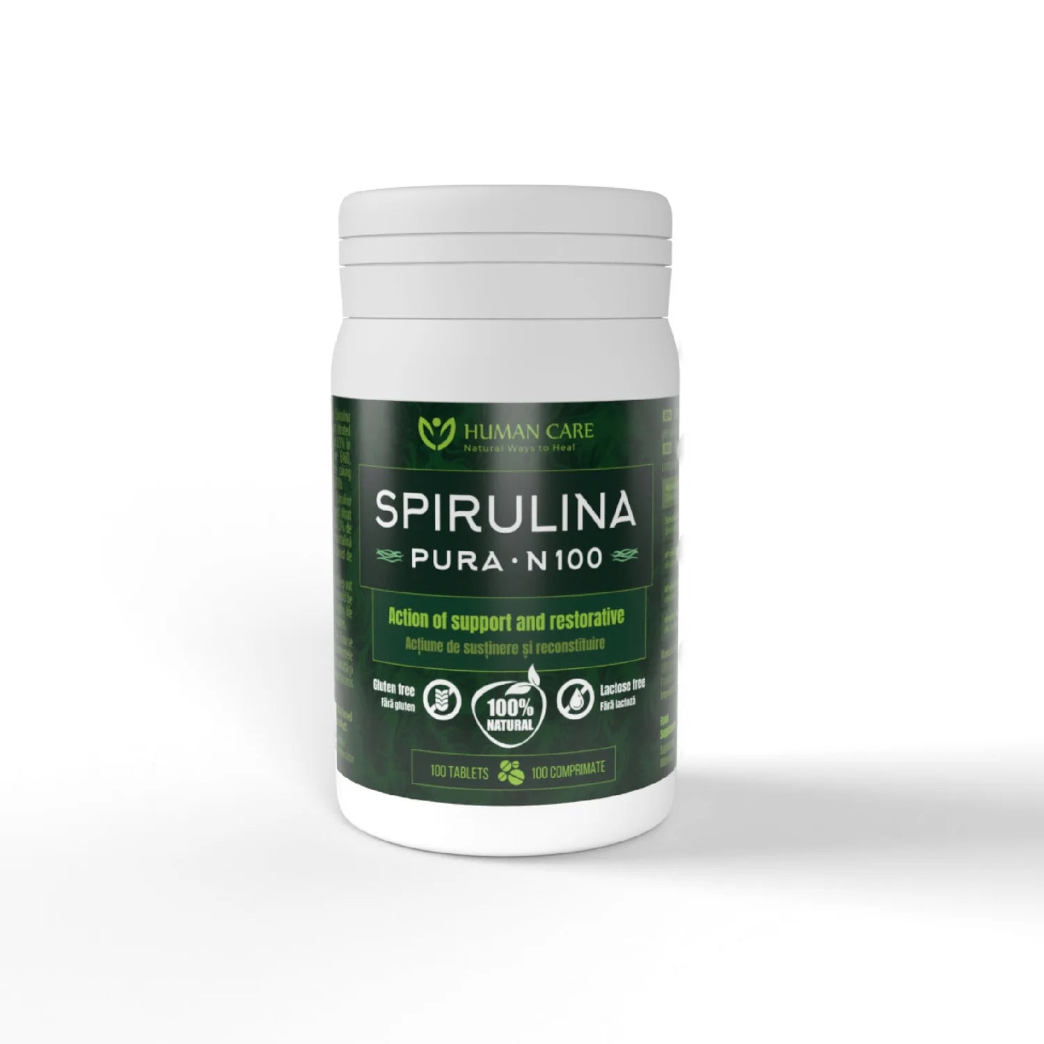 Supliment Alimentar Spirulina Pura (Alga), 400mg, 100 Comprimate, Human Care, Imbunatateste Sanatatea Intestinului si a Sistemului Digestiv