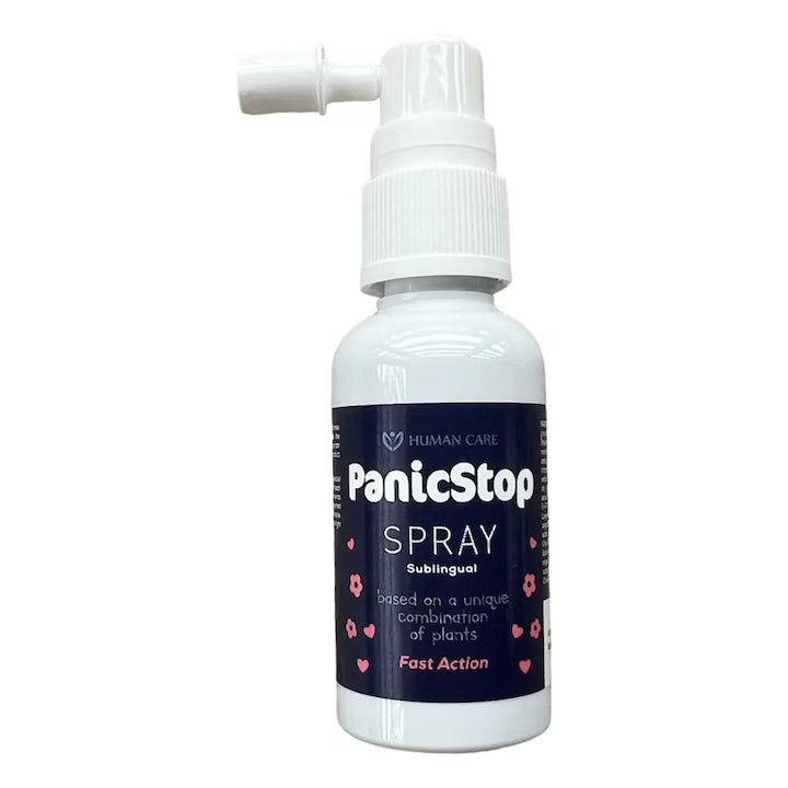 Supliment Alimentar Panic Stop Spray Sublingual, 230 doze, 30ml, Human Care, pentru Calm, Relaxare si Echilibru emotional