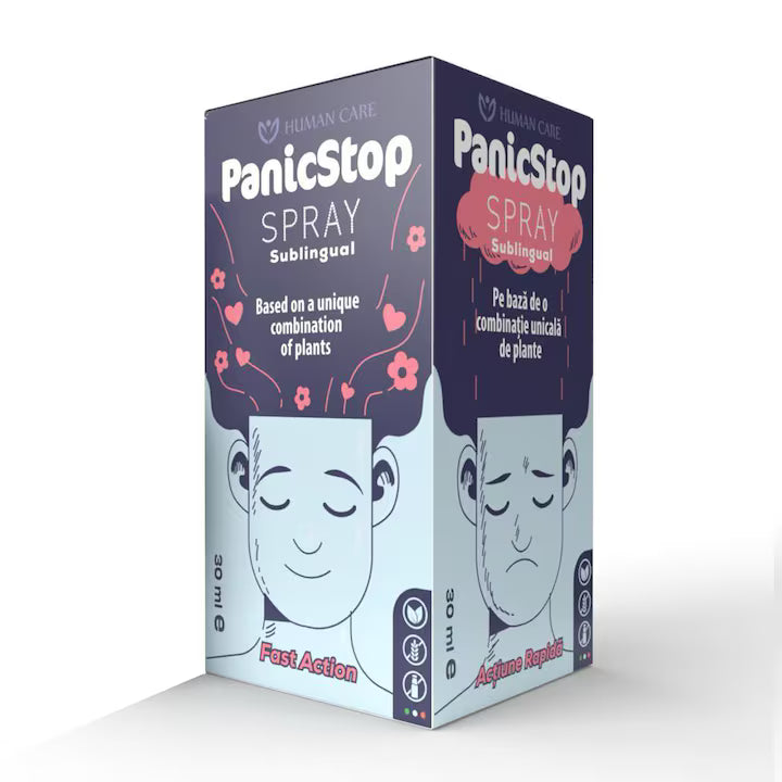 Supliment Alimentar Panic Stop Spray Sublingual, 230 doze, 30ml, Human Care, pentru Calm, Relaxare si Echilibru emotional