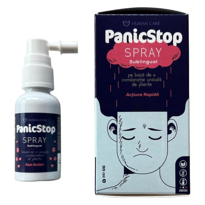 Supliment Alimentar Panic Stop Spray Sublingual, 230 doze, 30ml, Human Care, pentru Calm, Relaxare si Echilibru emotional